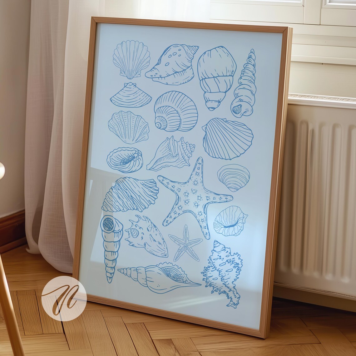 Coastal Blue Seashell Line Art Poster Starfish Chart for Beach House Decor
