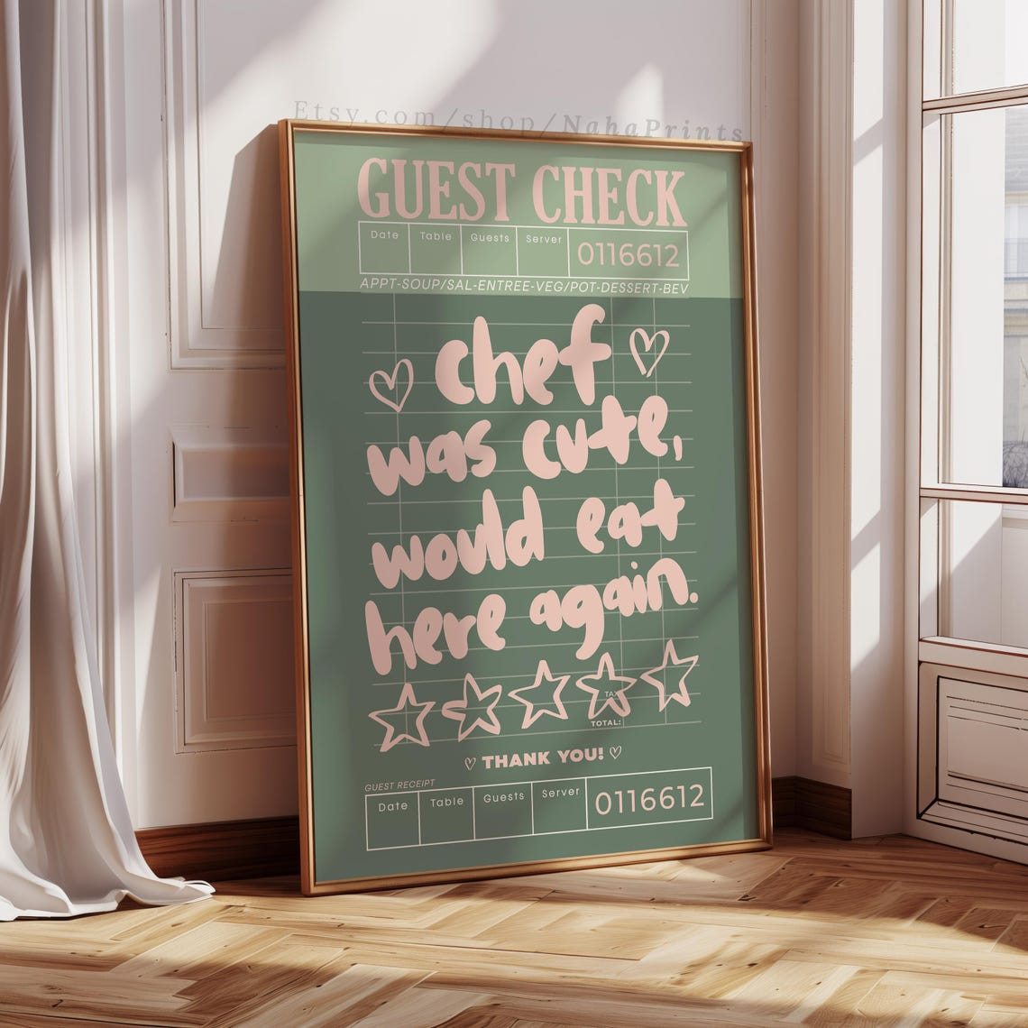 Chef Was Cute Would Eat Here Again Green Guest Check Kitchen Poster