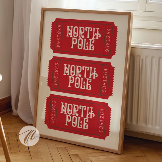 North Pole Ticket Christmas Art Print, Holiday Decor