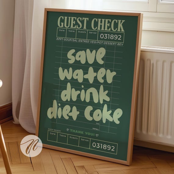 Guest Check Prints Trendy Wall Art Dark Sage Green Poster Preppy Decor Retro Bar Cart