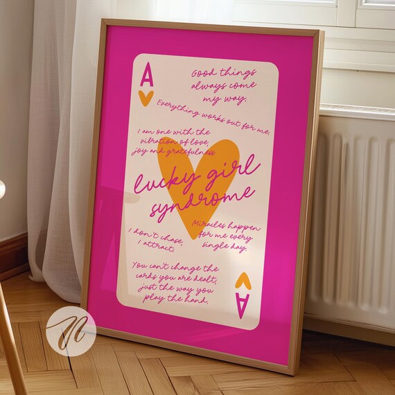 Lucky Girl Syndrome Ace Of Hearts Card Poster Trendy Wall Art Orange Pink Prints Retro Bar Cart Preppy Funky Apartment Decor