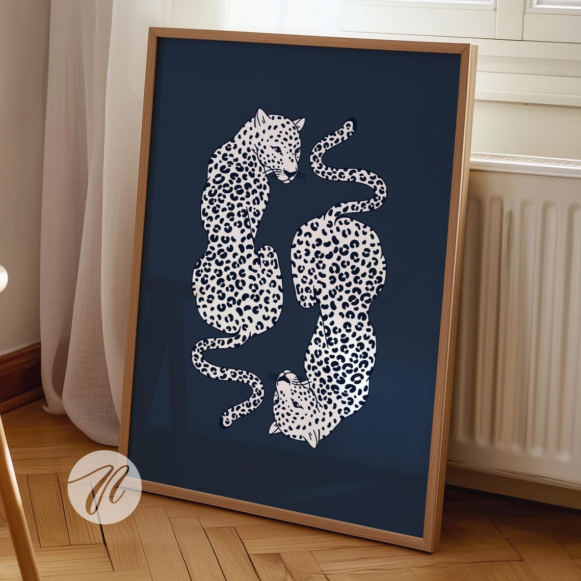Navy Blue Leopard Illustration Poster Two White Spotted Big Cats