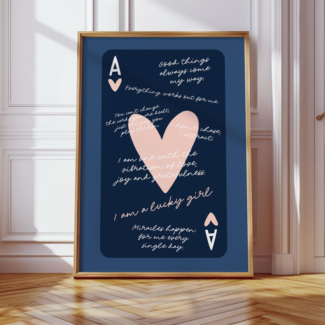 Ace Of Hearts Positive Affirmations Navy Retro Lucky Girl Poster