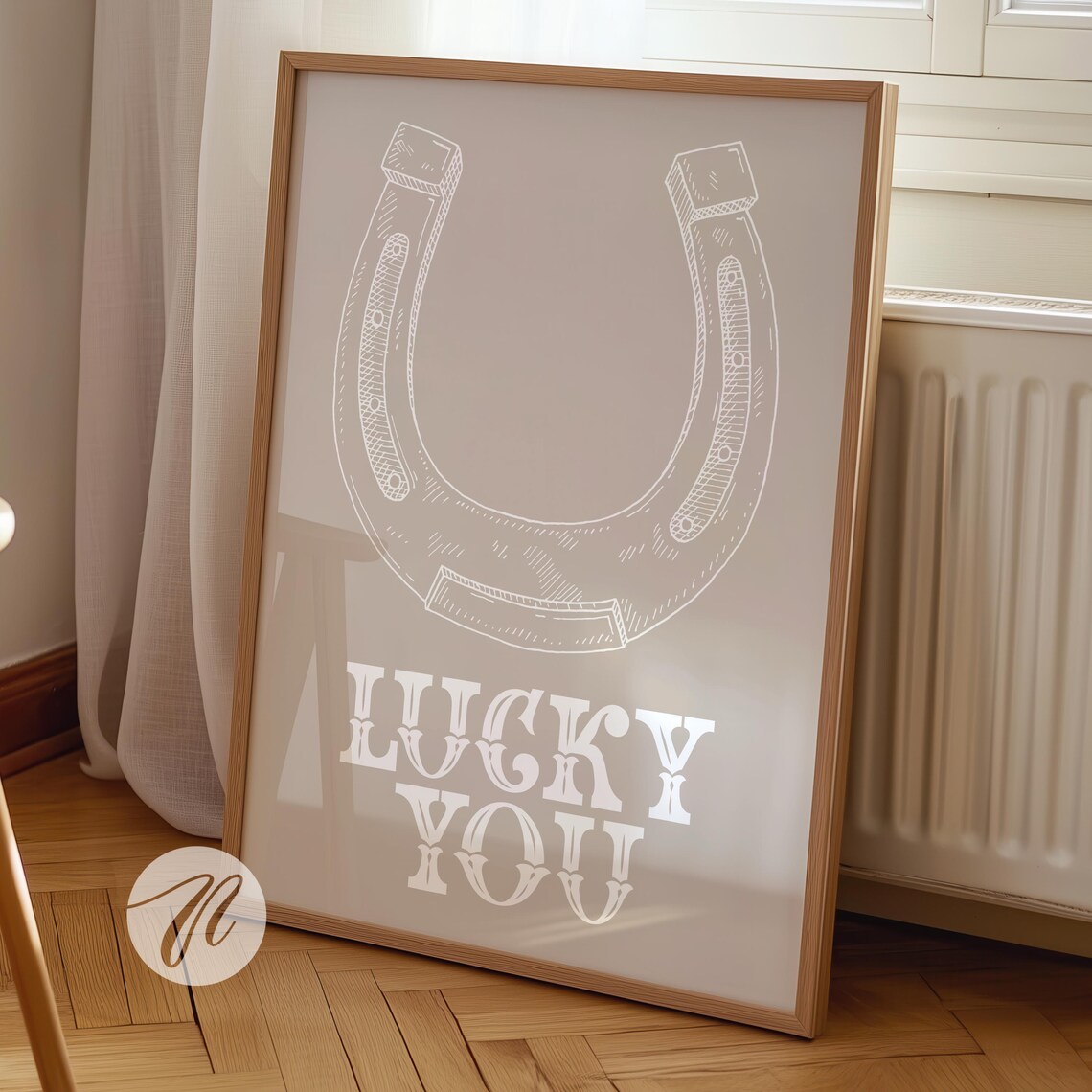 Lucky You Horseshoe Beige Line Drawing Western Decor Trendy Wall Poster