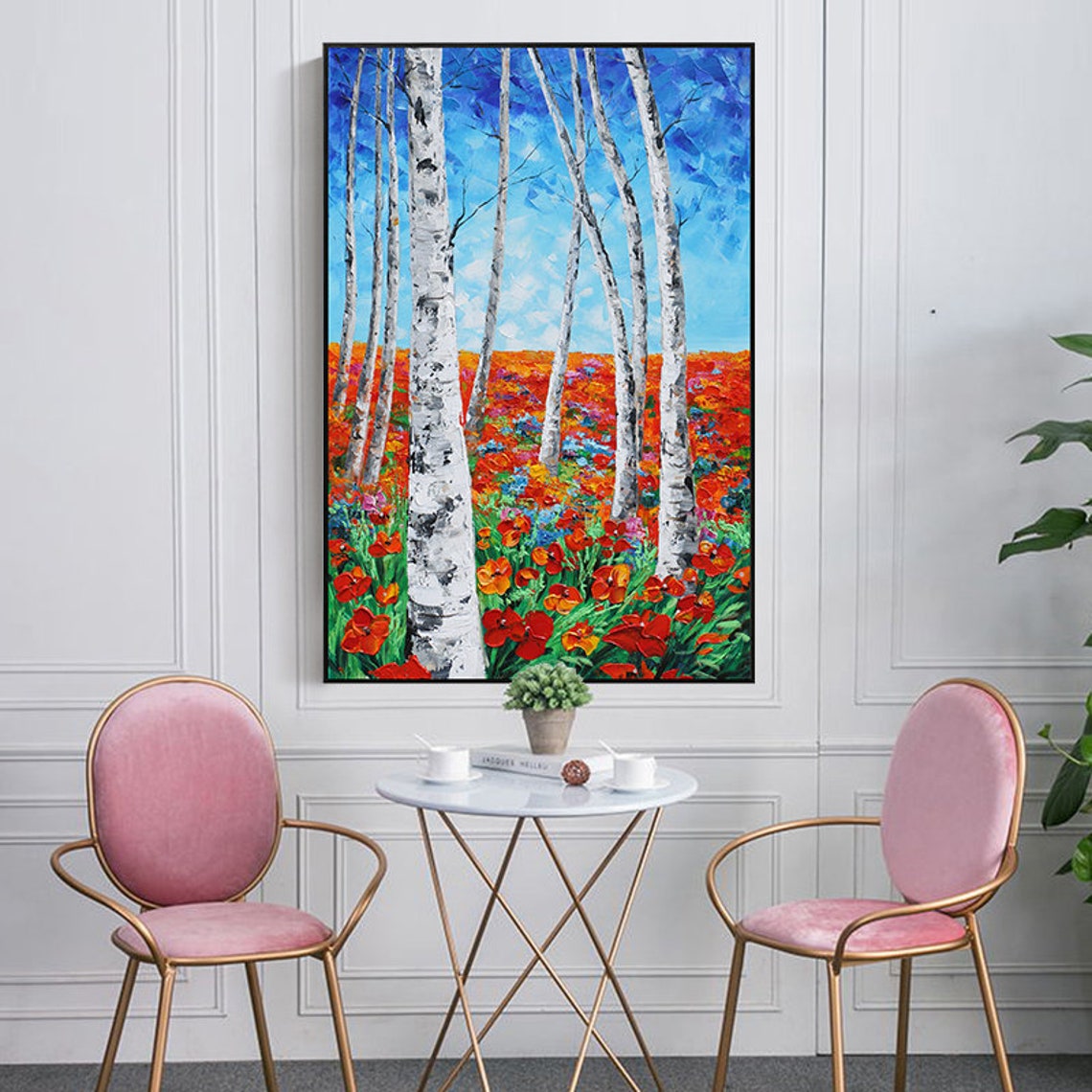 White Birch Trees Over Red Poppy Field Under Blue Sky Poster - Image 3