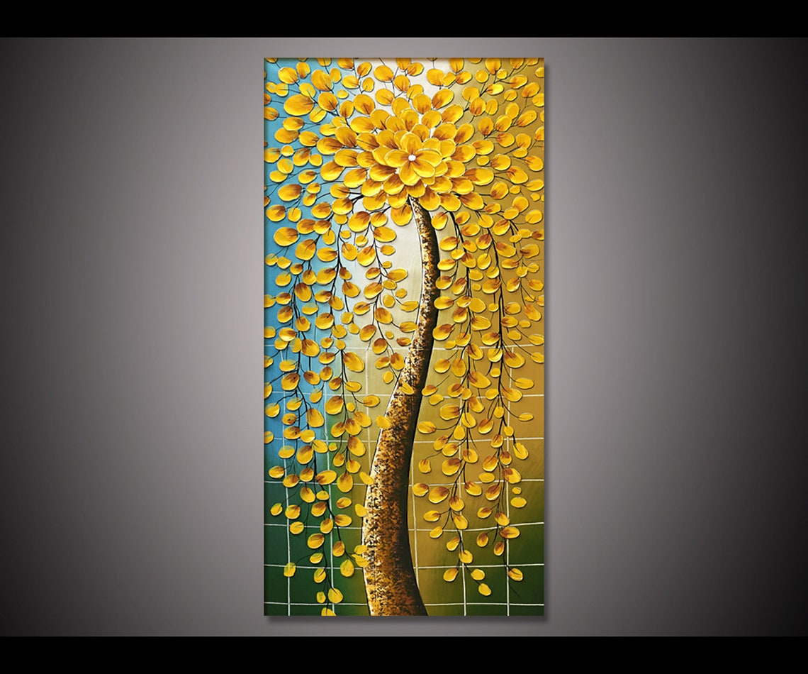 Golden Weeping Flower Tree With Curved Trunk Oil Paint Poster