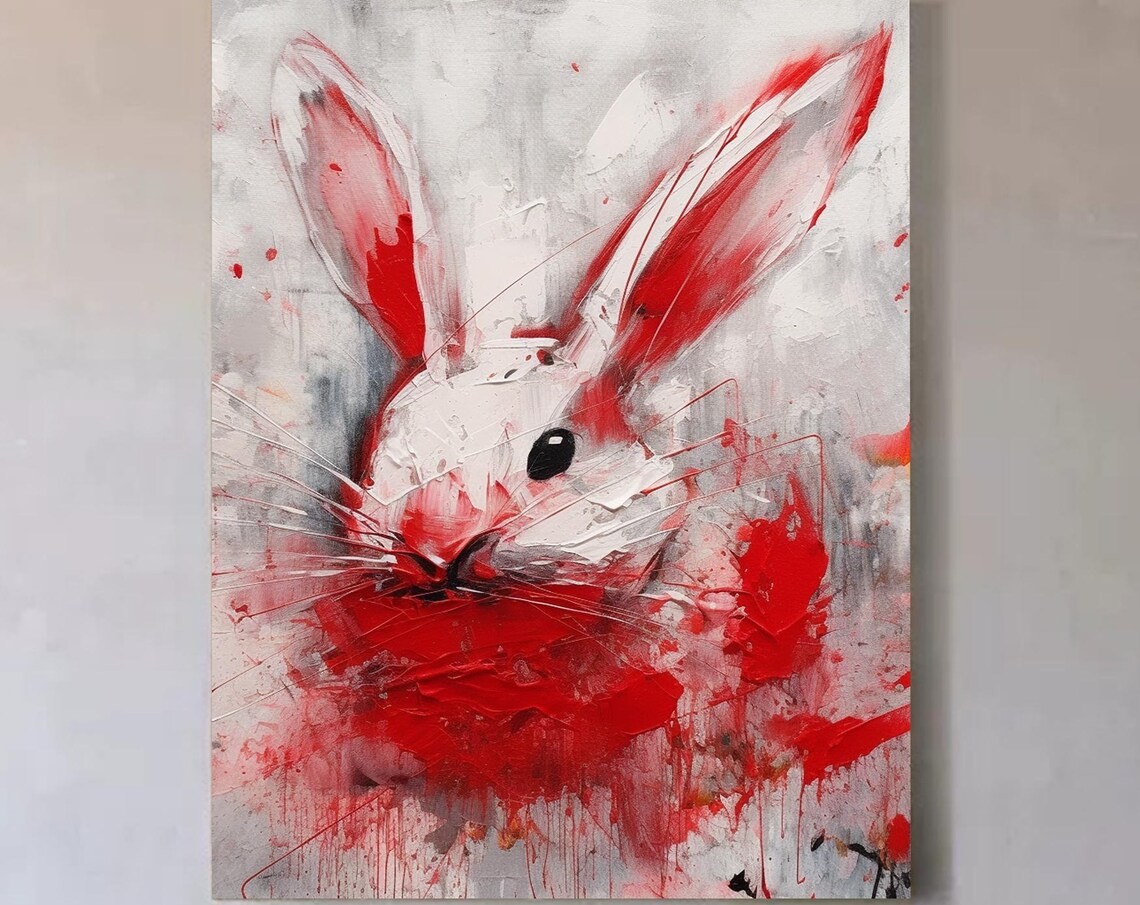 Abstract Red White Rabbit Oil Painting Modern Bunny Animal Canvas Wall Art