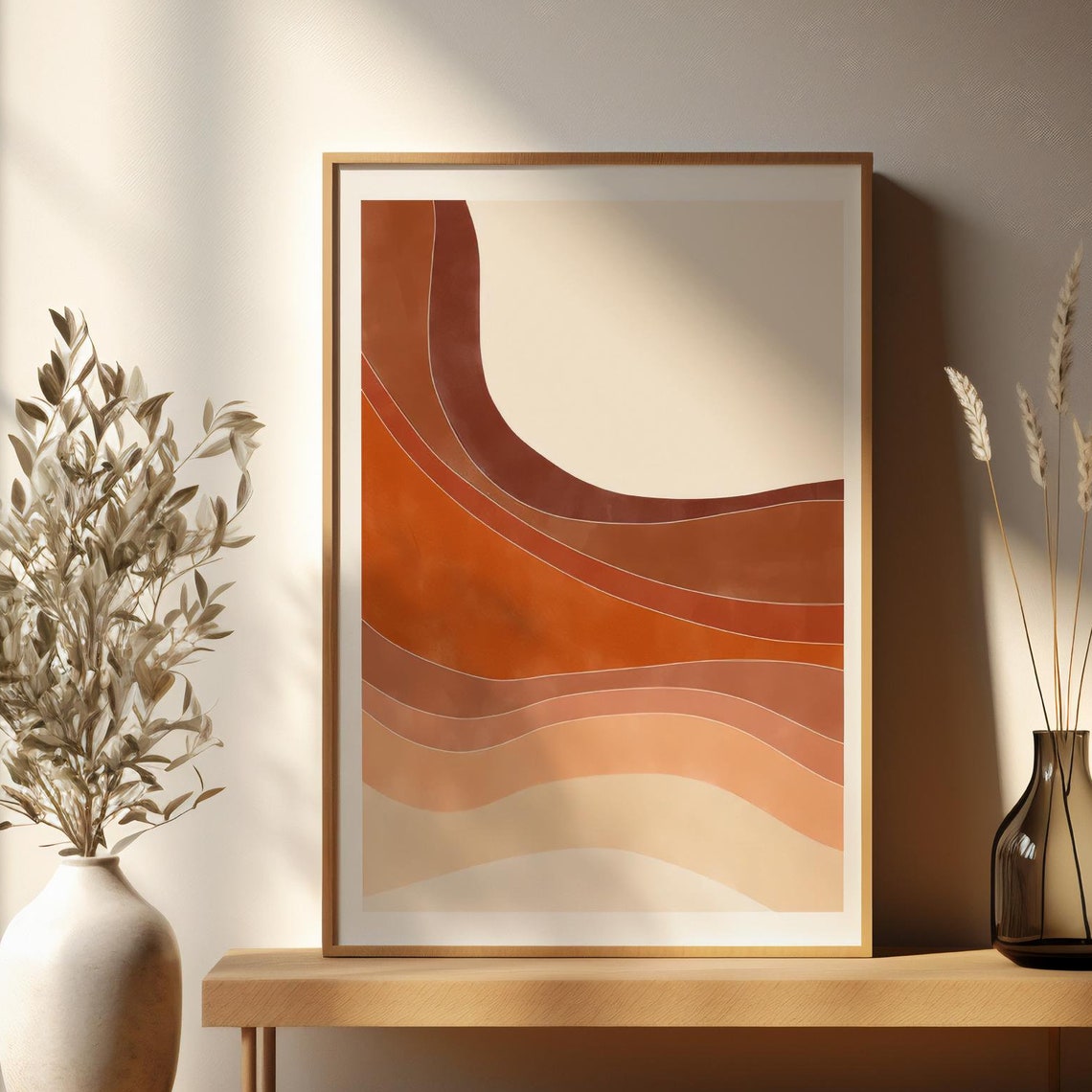 Mid Century Modern Terracotta Abstract Waves Retro Art Poster