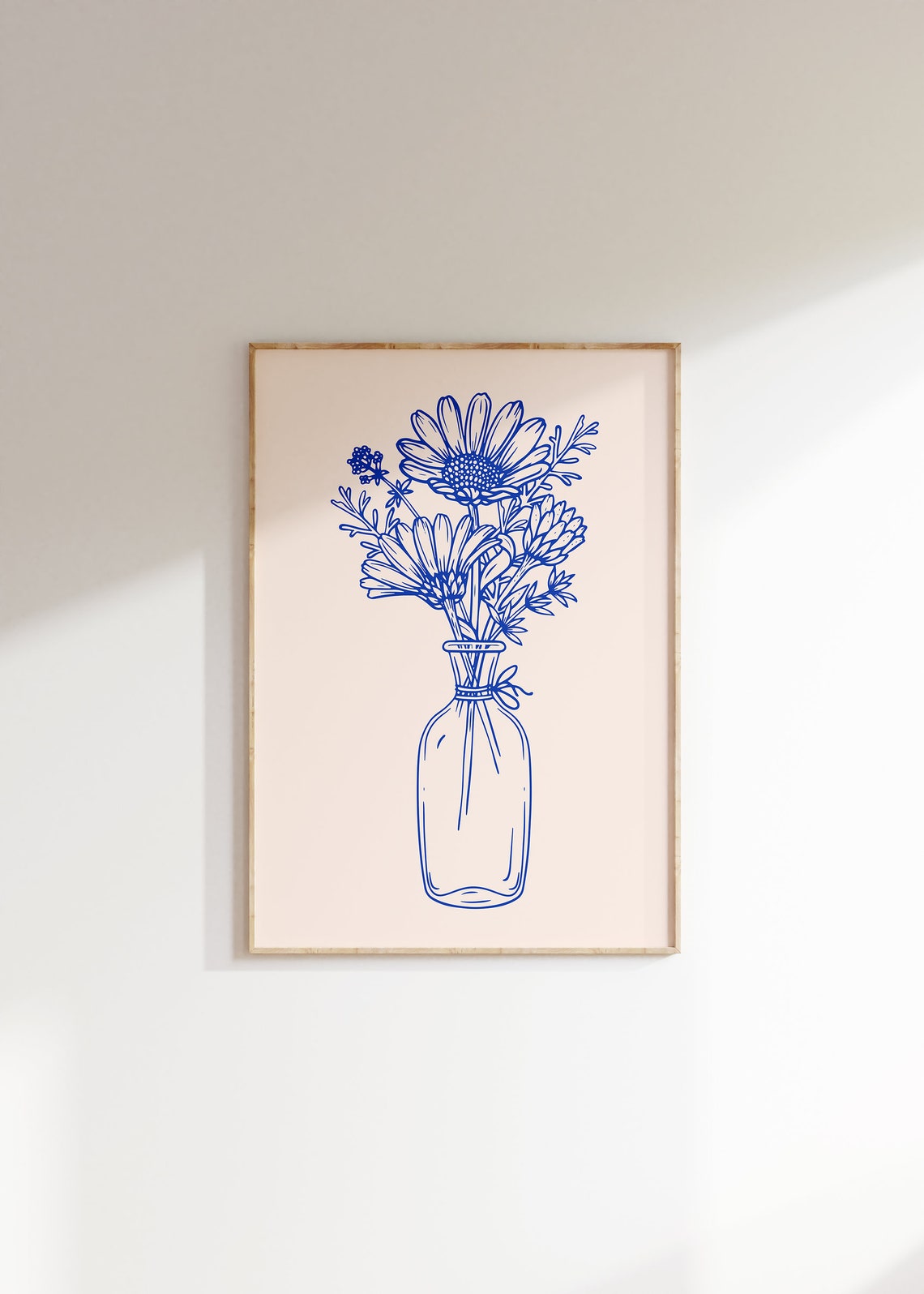 Blue Line Art Wildflower Bouquet In Glass Vase Botanical Print