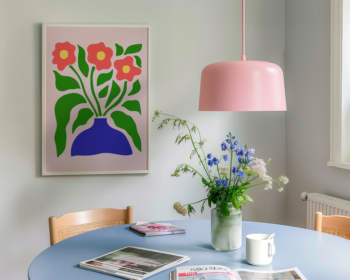 Red Flowers and Blue Vase Bold Modern Floral Statement Print - Image 3