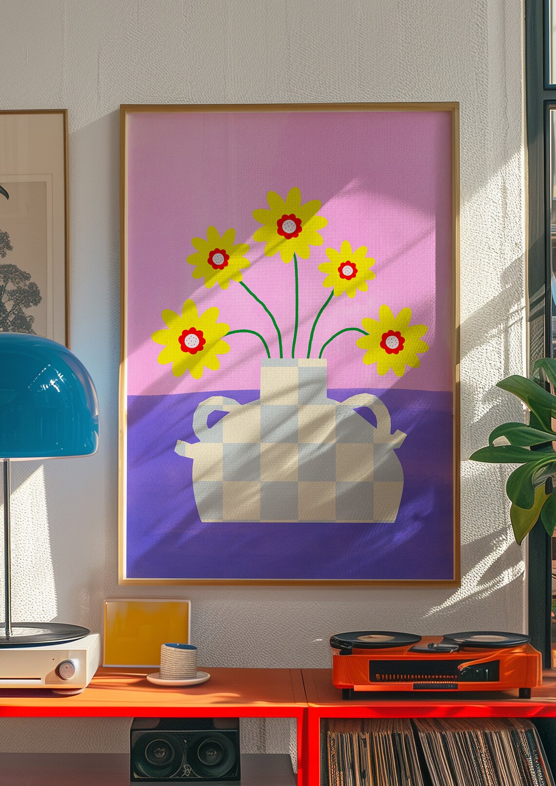 Yellow Daisies in Checkered Vase on Purple Pink Bold Floral Print - Image 3