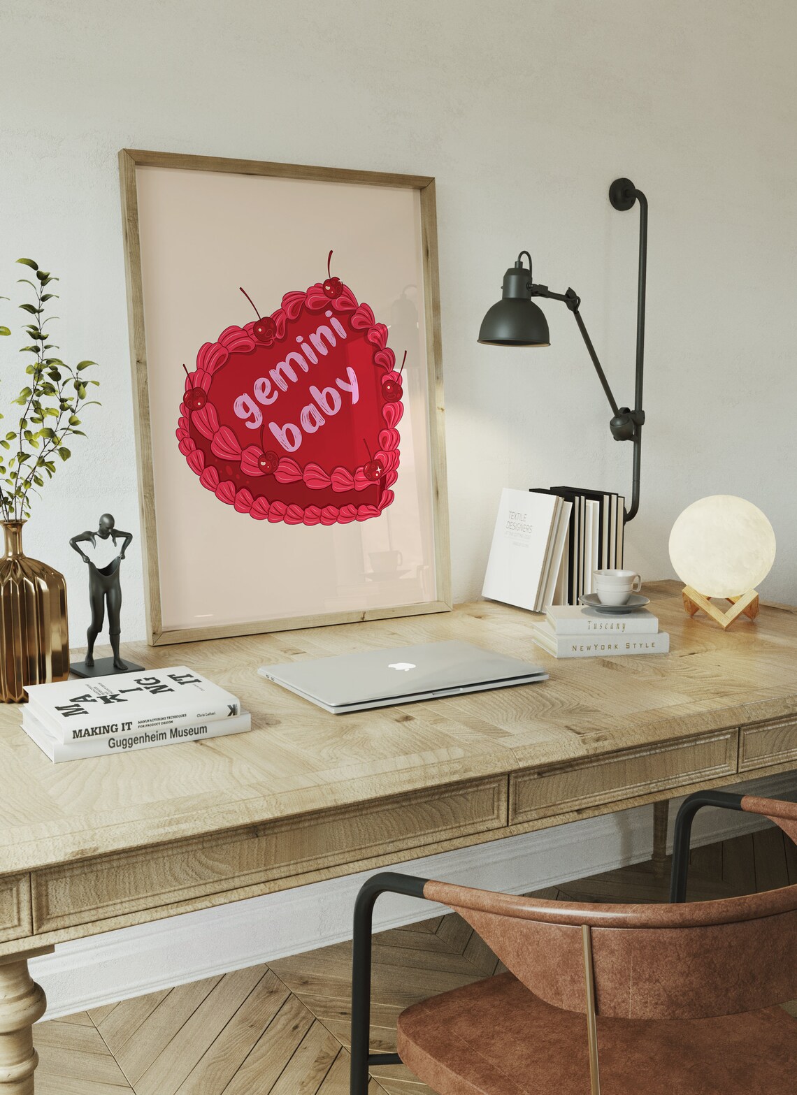 Gemini Baby Red Vintage Heart Cake With Cherries Zodiac Wall Art - Image 4