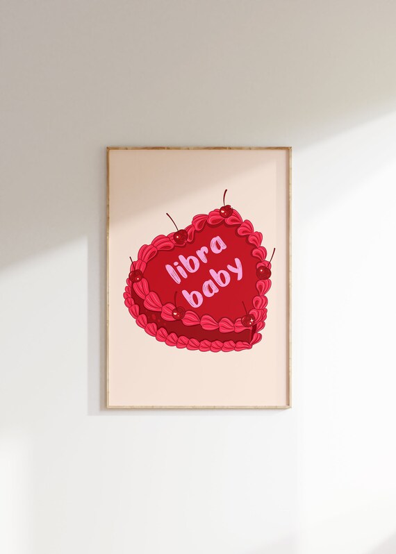 Libra Baby Red Vintage Heart Cake With Cherries Zodiac Wall Art