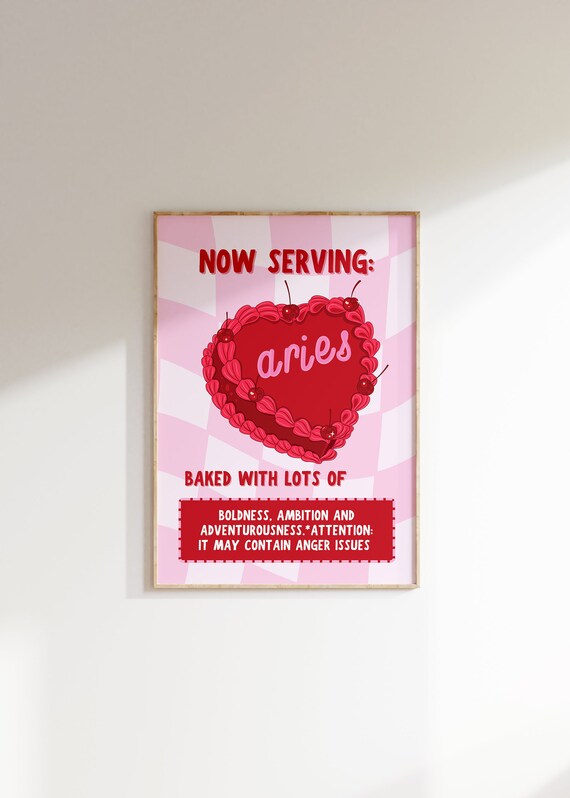 Now Serving Aries Cake Red Cherry Heart Pink Checkerboard Poster