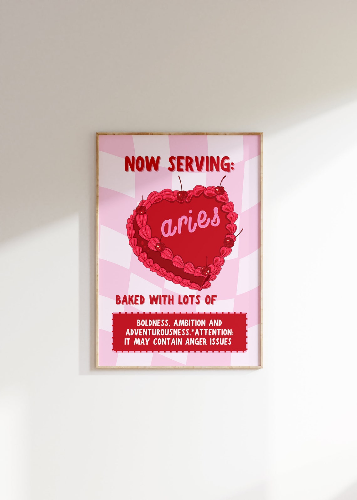 Now Serving Aries Cake Red Cherry Heart Pink Checkerboard Poster