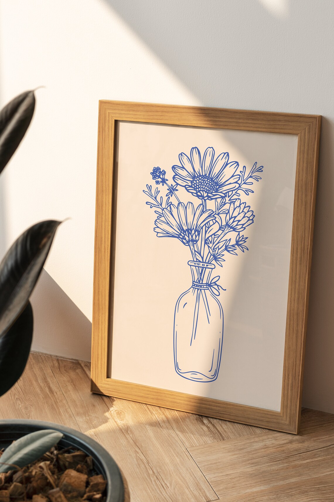 Blue Line Art Wildflower Bouquet In Glass Vase Botanical Print - Image 4