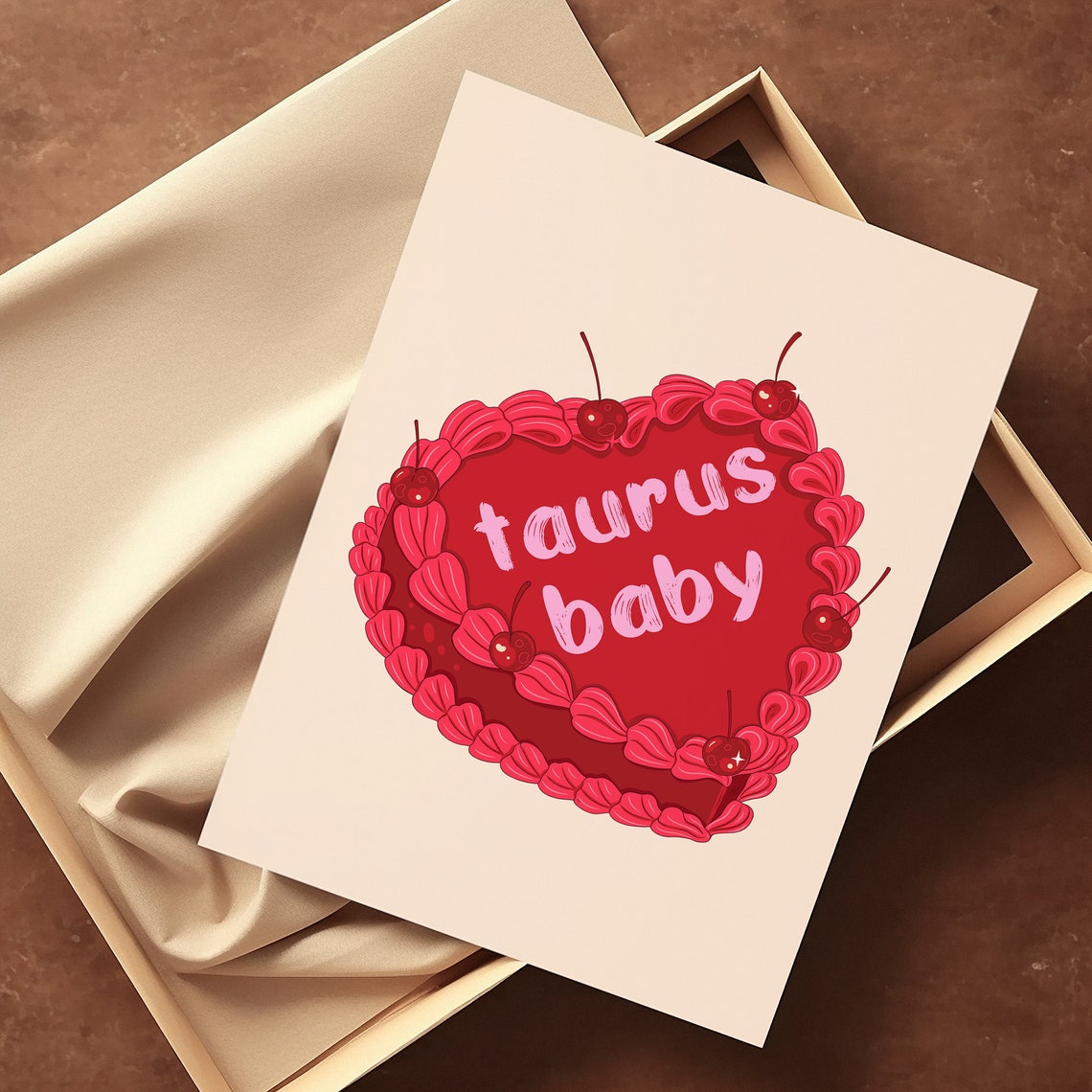 Taurus Baby Red Vintage Heart Cake Cherries Zodiac Art Print - Image 2