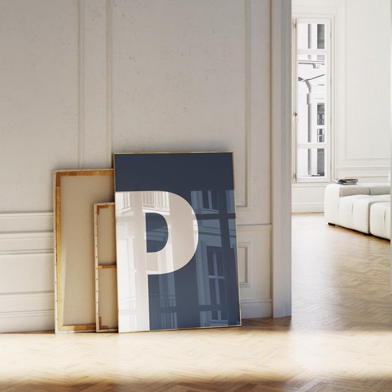 Navy Blue Initial P Print Bold Alphabet Wall Art Monogram Poster Preppy Room Letters