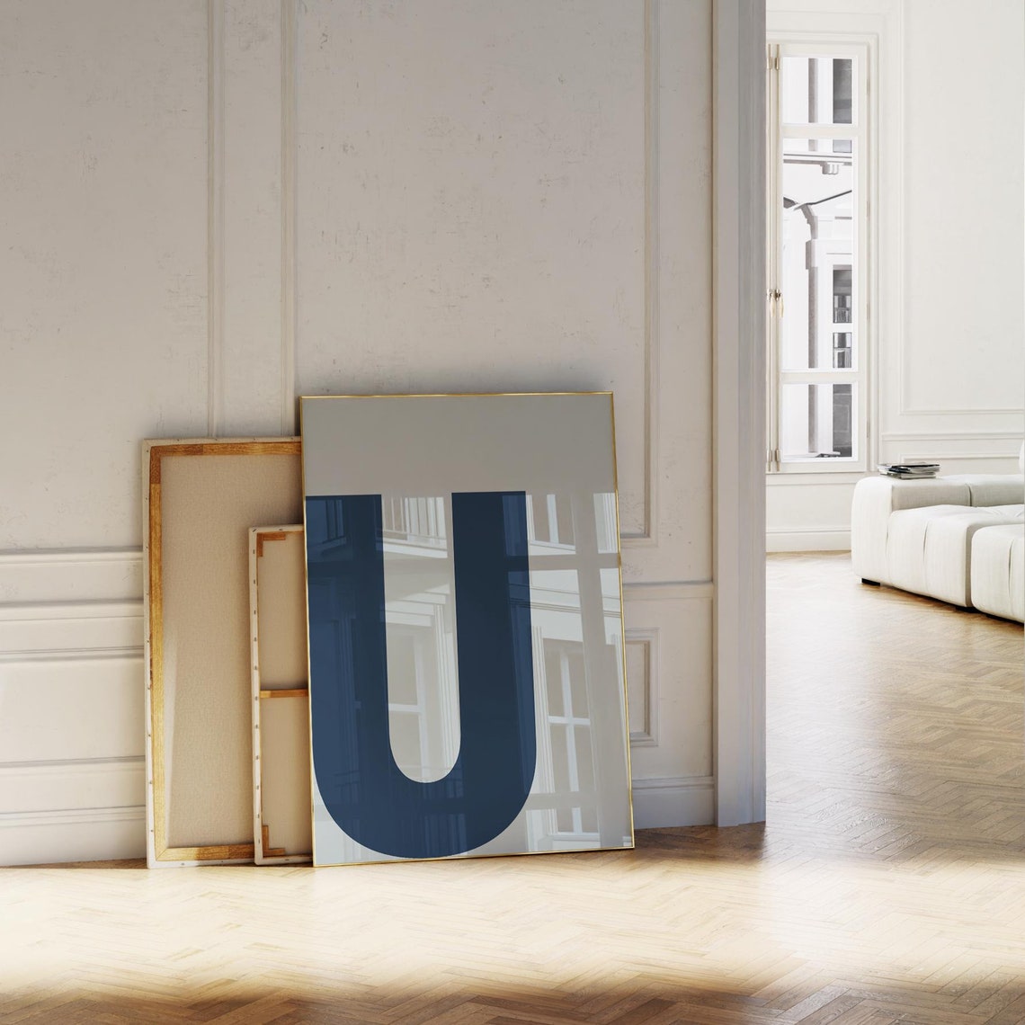 Blue Letter U Typography Print Bold Modern Initial Monogram Decor