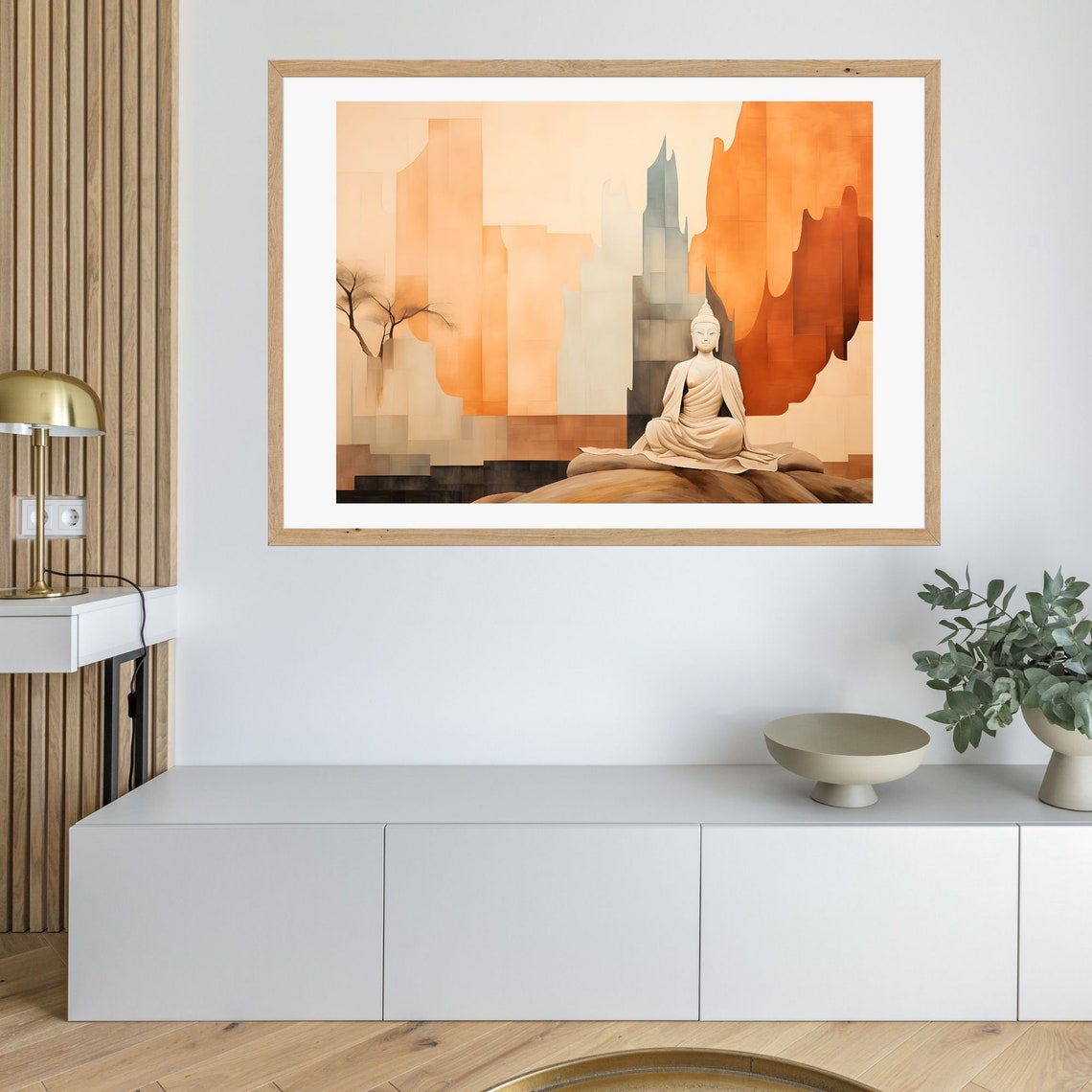 Buddha Meditating Before Rust Orange Abstract Mountain Poster - Image 3