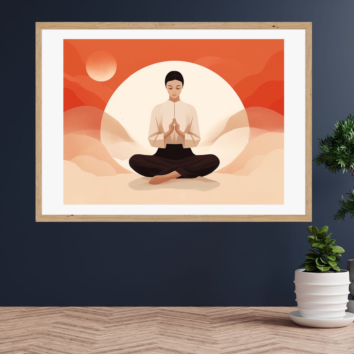 Meditating Figure in Prayer Pose Before a Glowing Moon Poster - Image 3