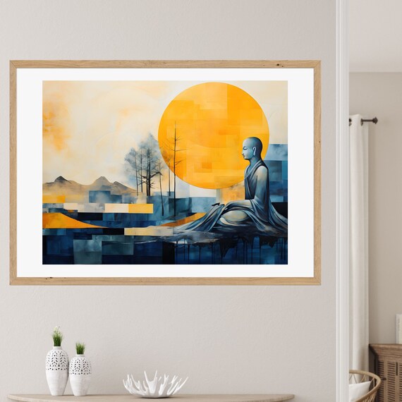 Monk Meditating Under a Giant Golden Sun in a Blue Landscape Poster