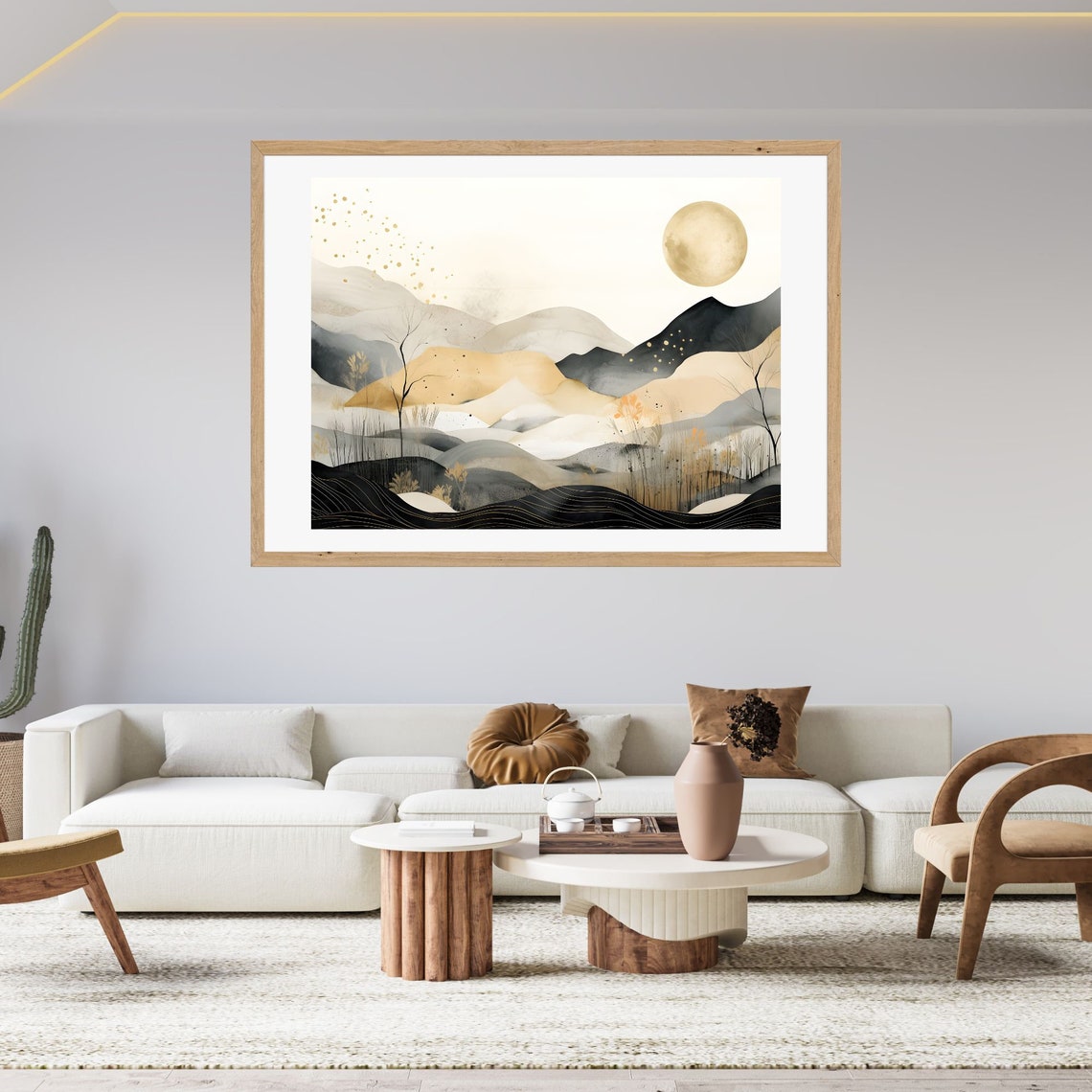 Abstract Golden Watercolor Mountain Range with a Moon Poster - Image 2