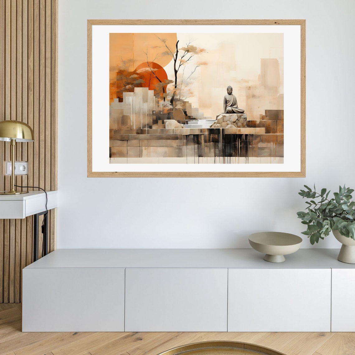Abstract Buddha Statue on Rock at Golden Geometric Sunset Poster - Image 3