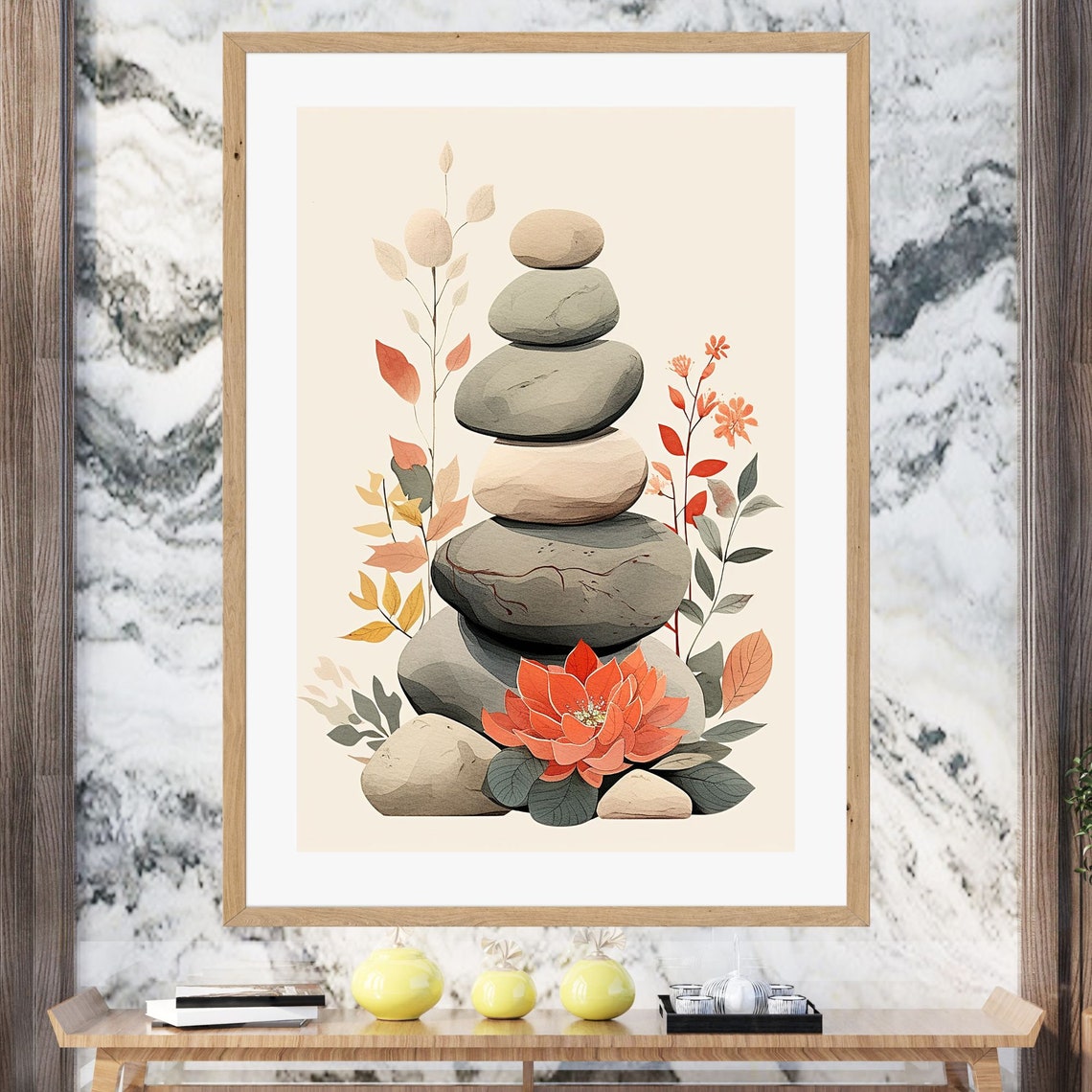 Warm Stacked Zen Stone Tower With Orange Lotus Botanical Poster