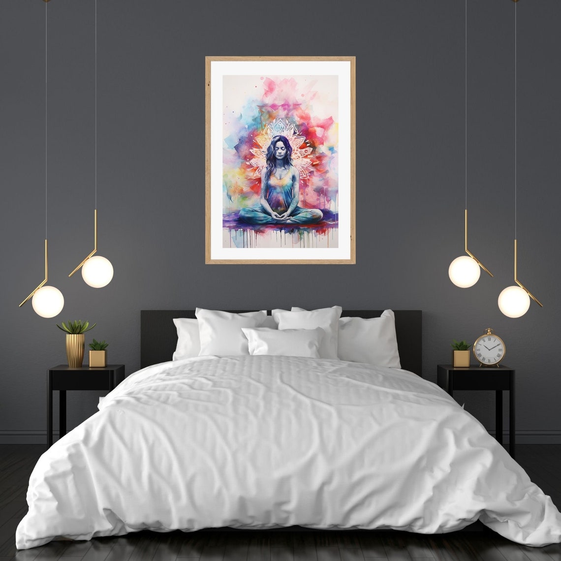 Woman Meditating Rainbow Chakra Aura Mandala Halo Vibrant Wall Art - Image 3