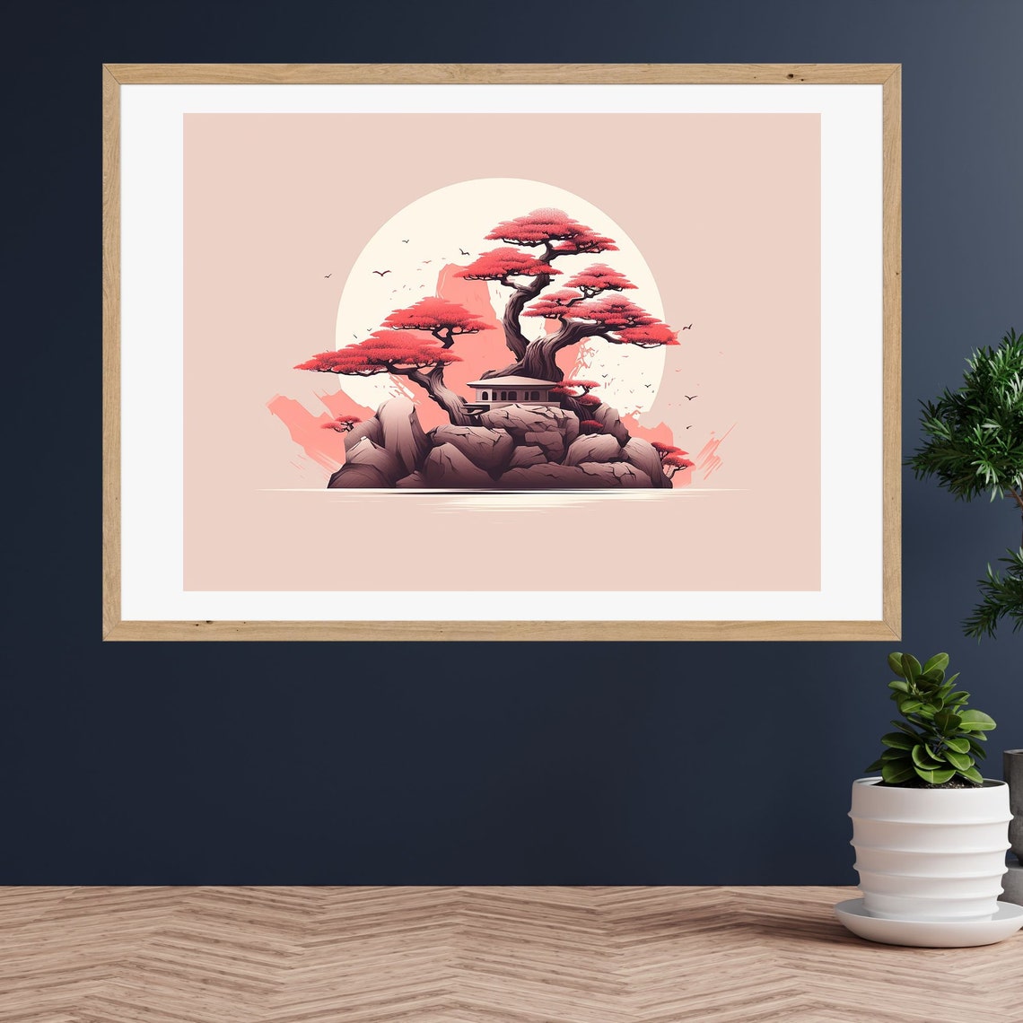 Japanese Red Bonsai Tree on Rocky Island Under Full Moon Poster