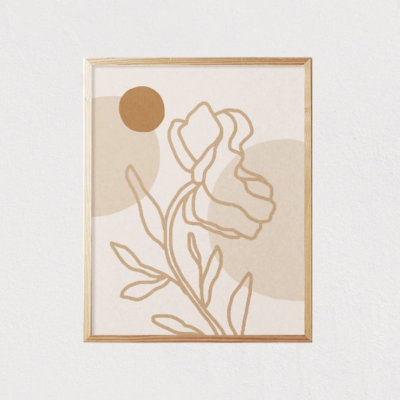 Abstract Flower Poppy Art Shapes Neutral Line Art Print Mid Century Modern Wall Art Minimalist Geometric Art 16x20