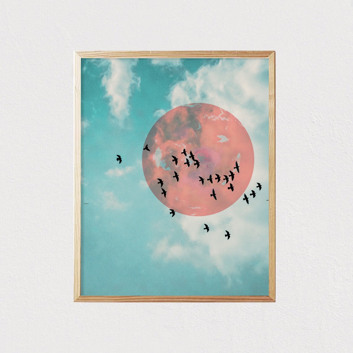 Coral Red Moon Birds Teal Sky Dreamy Nature Adventure Poster - Image 2