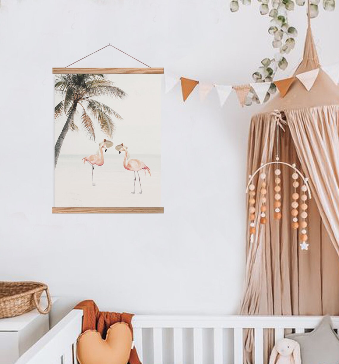 Flamingos In Hat, Neutral Beach Animal Art Print