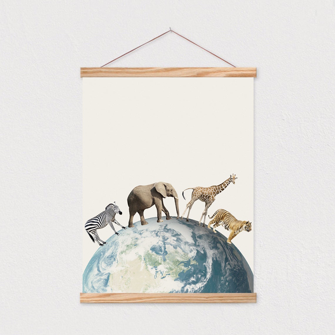 Wild Animals Walking Earth Globe Neutral Nursery Room Poster