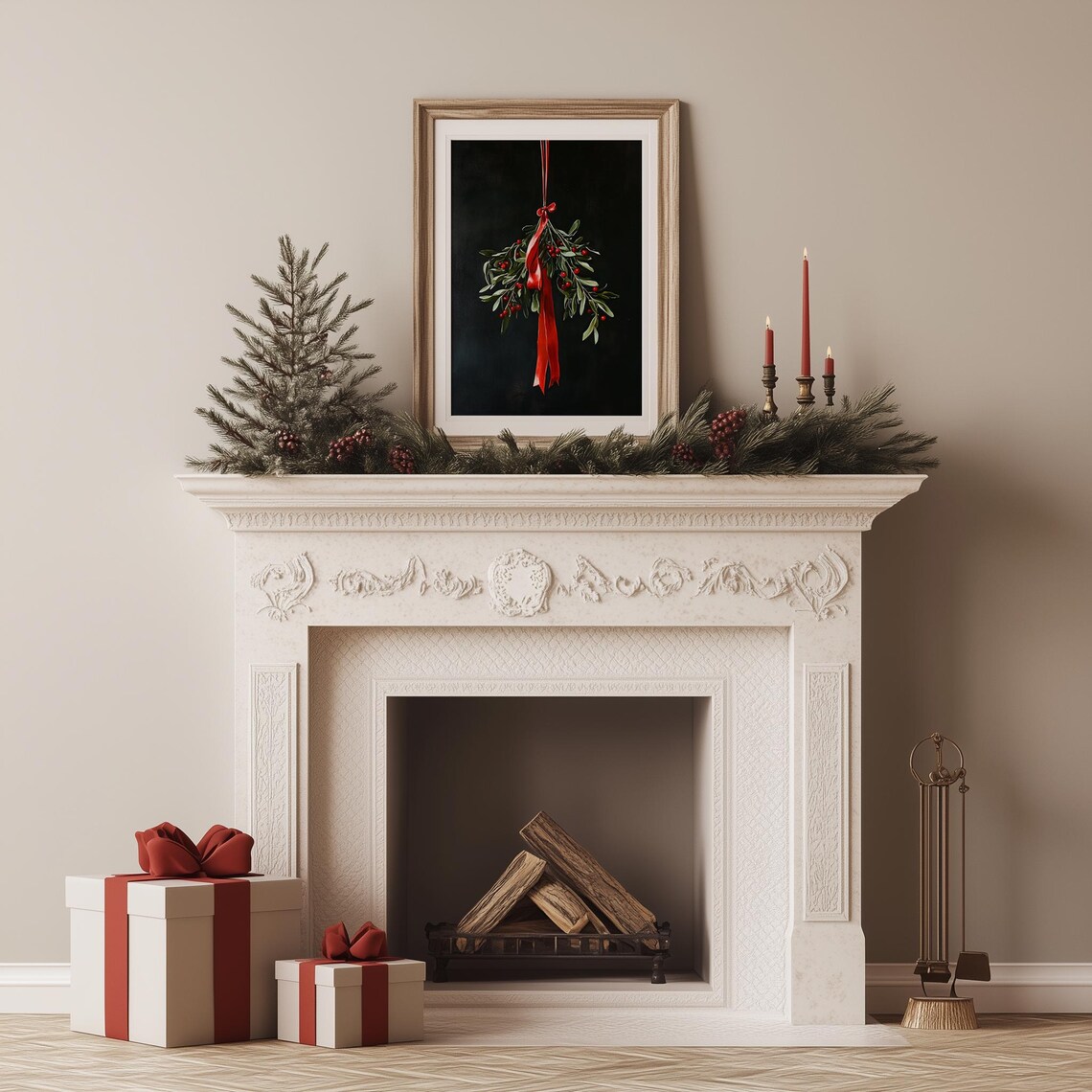 Vintage Mistletoe With Red Ribbon and Berries on Black Poster - Image 3