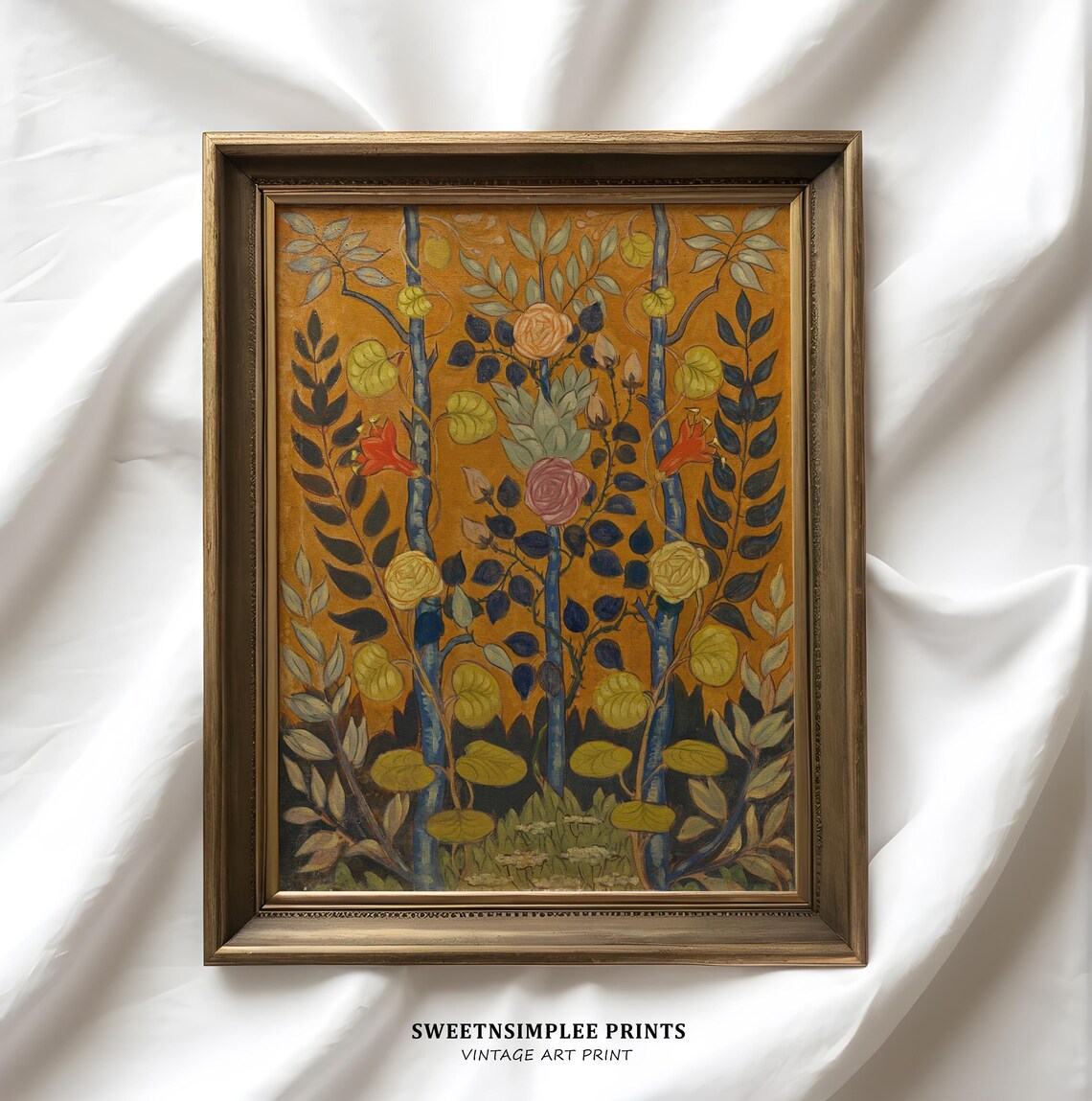 Vintage Folk Art Botanical Stylized Floral Trees Gold Antique Wall Art - Image 2
