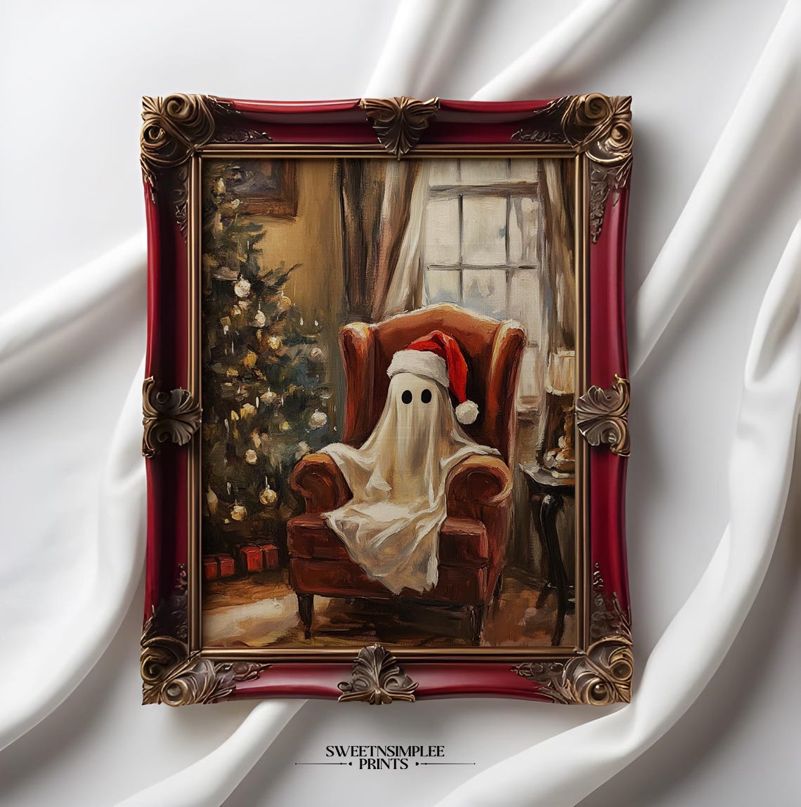 Cute Christmas Ghost Poster Santa Hat Vintage Spooky Holiday Decor - Image 2