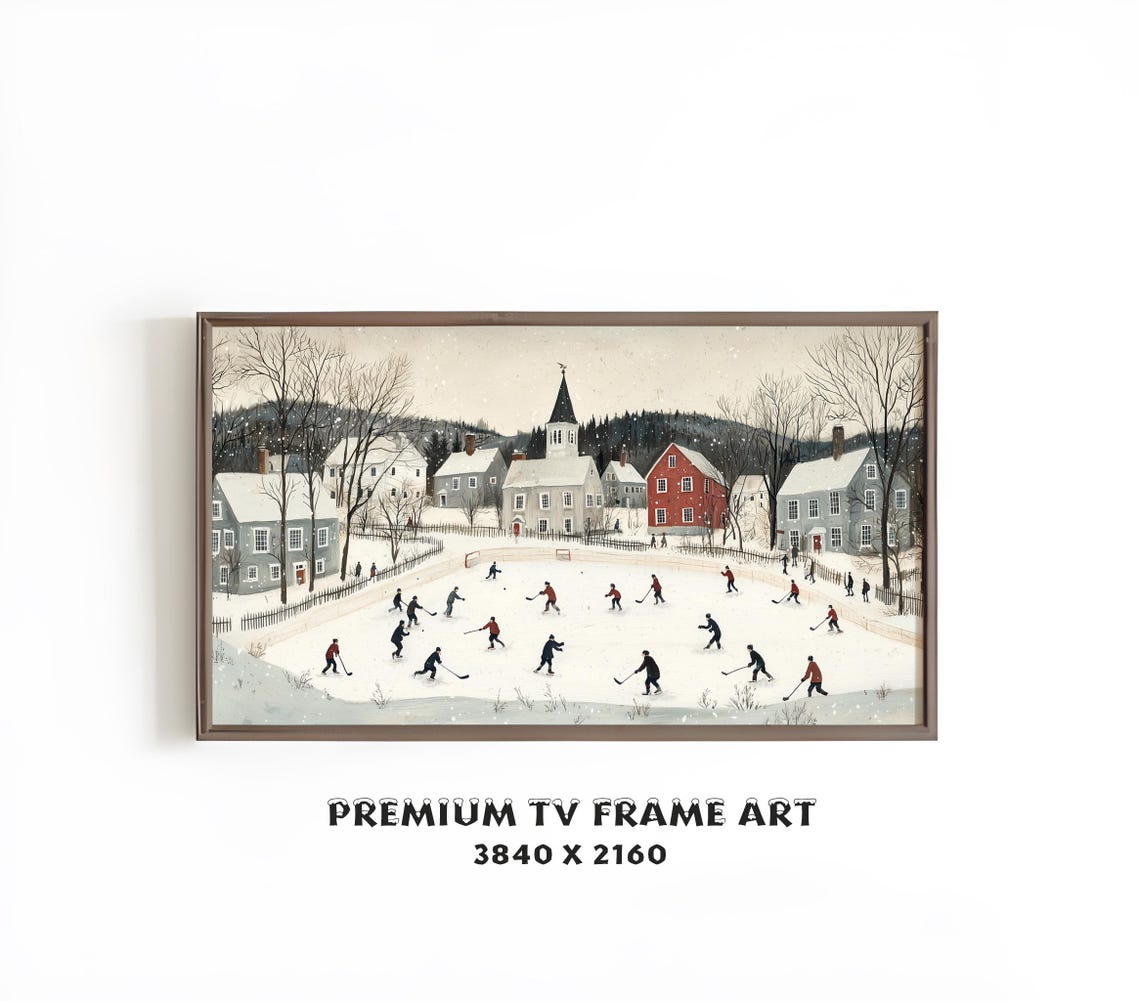 Vintage Village Christmas Tv Art Winter Town Hockey Landscape Painting Holiday Screensaver For Frame Tv Festive Decor