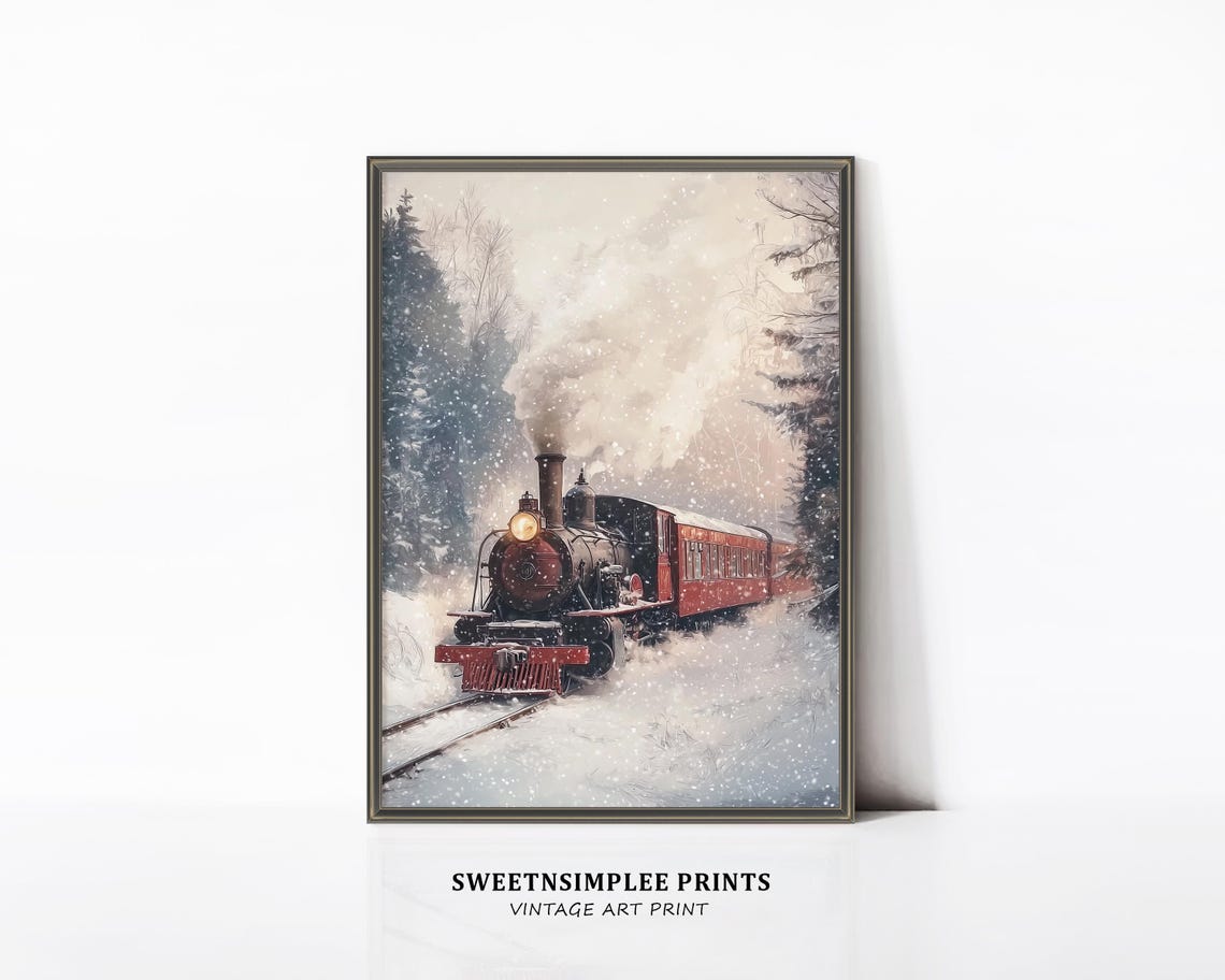 Vintage Red Steam Train Crossing Snowy Forest Winter Scene Poster - Image 2