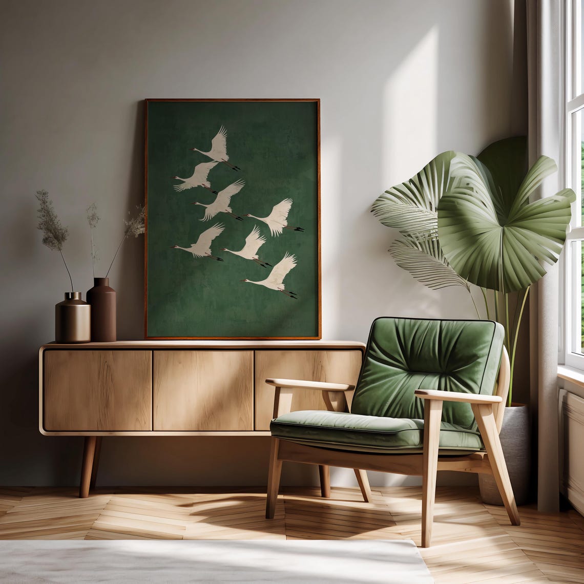 Flying White Cranes Deep Green Japandi Style Elegant Bird Wall Art - Image 3