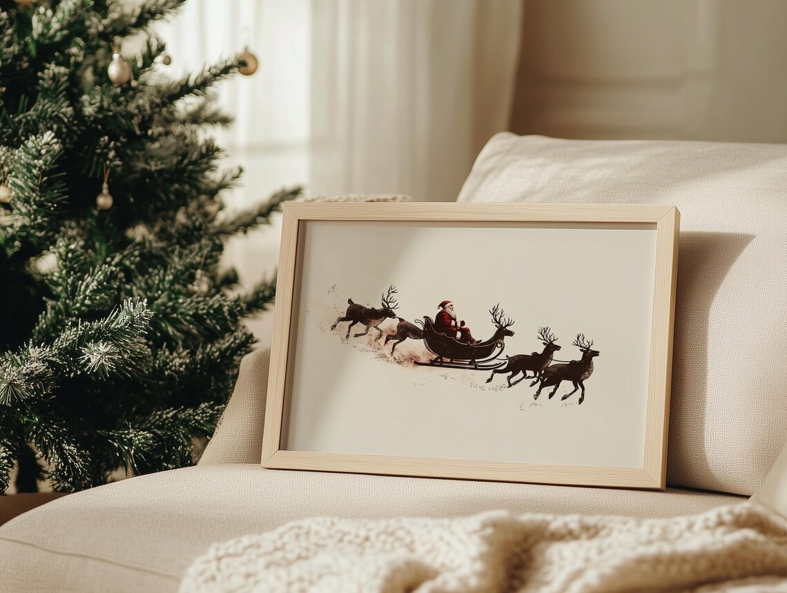 Minimalist Santa Sleigh Silhouette Ink Sketch Vintage Christmas Poster - Image 3