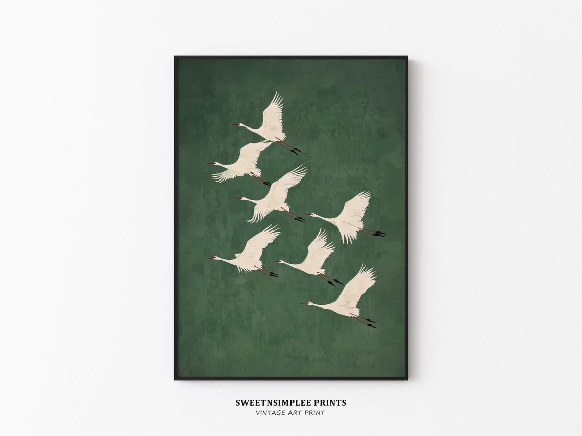 Flying White Cranes Deep Green Japandi Style Elegant Bird Wall Art - Image 2