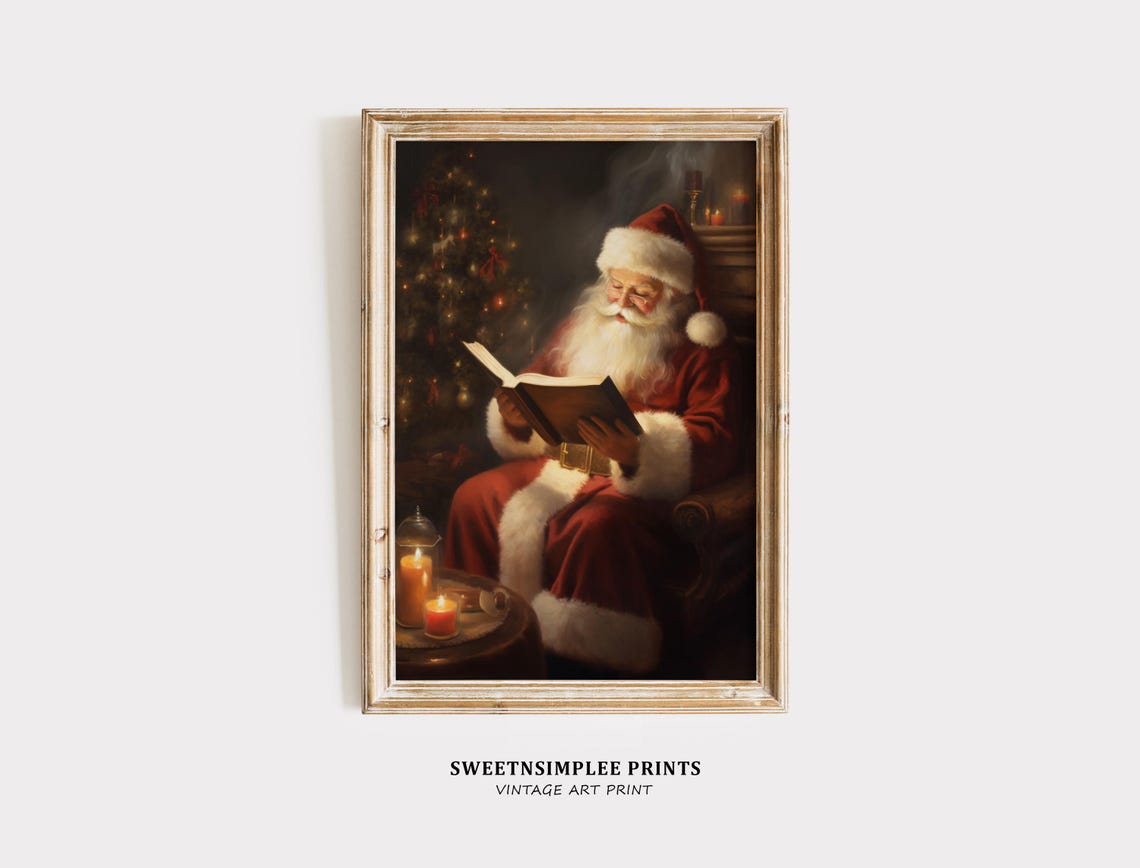 Vintage Santa Claus Reading Book by Fireplace Christmas Poster