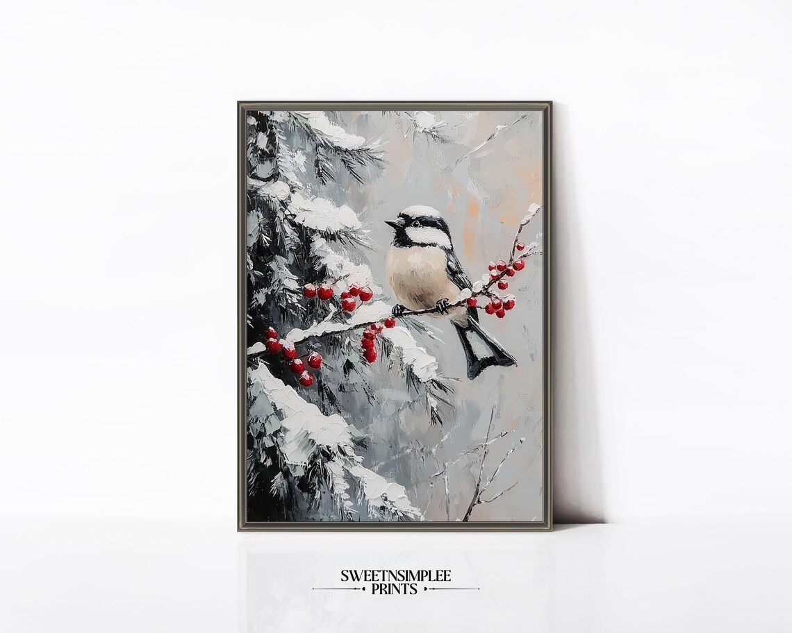 Chickadee Perched On Snowy Berry Branch Winter Bird Oil Poster - Image 2