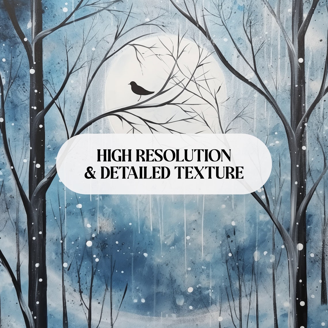 Winter Bird on Snowy Branch Poster Moonlit Blue Forest Night Decor - Image 3