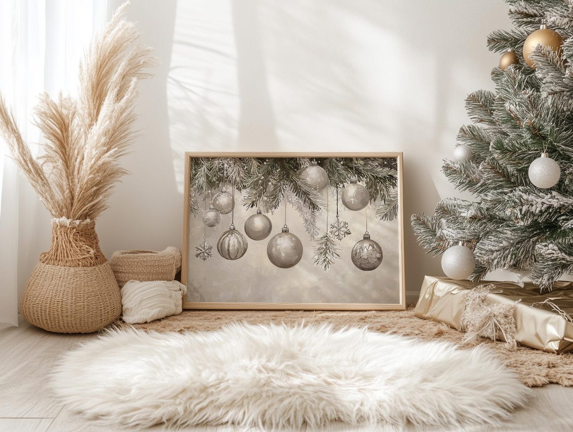 Silver Christmas Baubles Poster Hanging Ornaments Neutral Winter Decor - Image 3