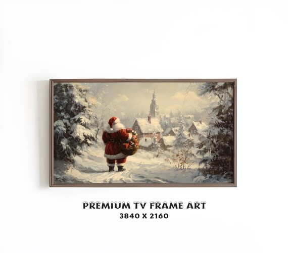 Vintage Santa Claus Snowy Village Farmhouse Christmas Wall Art