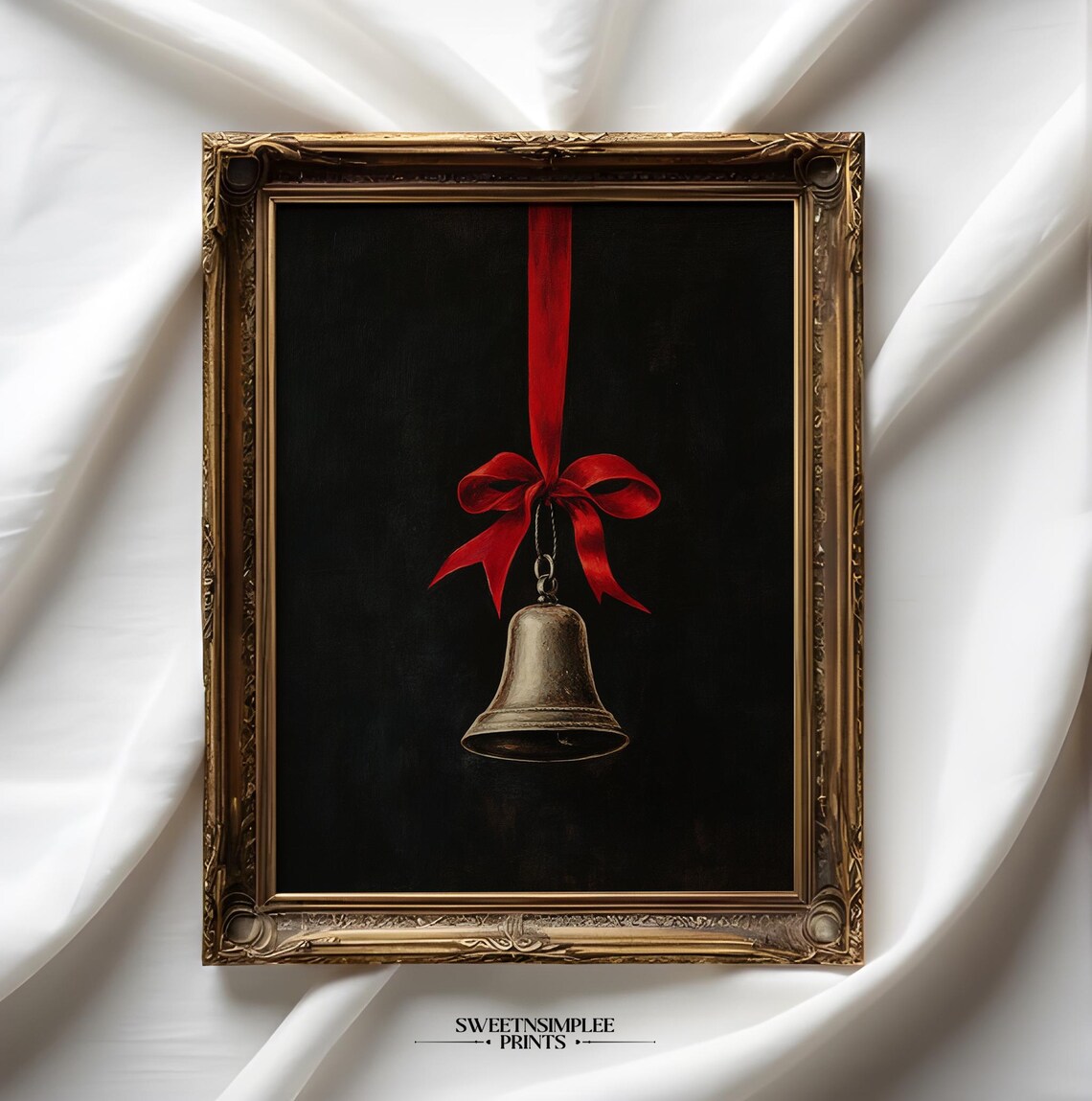 Antique Brass Bell Red Ribbon Poster Moody Dark Christmas Decor