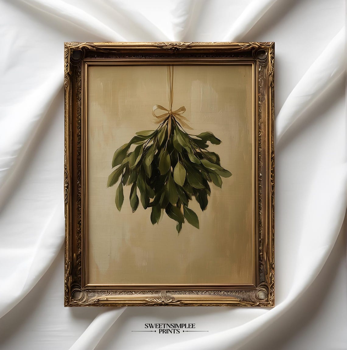 Vintage Hanging Mistletoe With Ribbon Botanical Christmas Poster